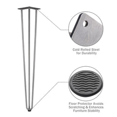 34 Inch Hairpin Legs, Set(4), 3-Rod, Raw Steel