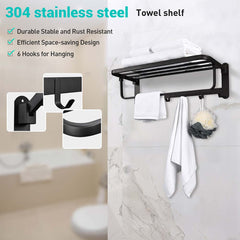 Wall-Mounted 304 Stainless Steel Towel Shelf Rack w/ Hooks