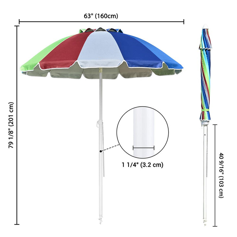 6 ft 12-Rib Rainbow Beach Umbrella Tilt & Built-in Sand Anchor