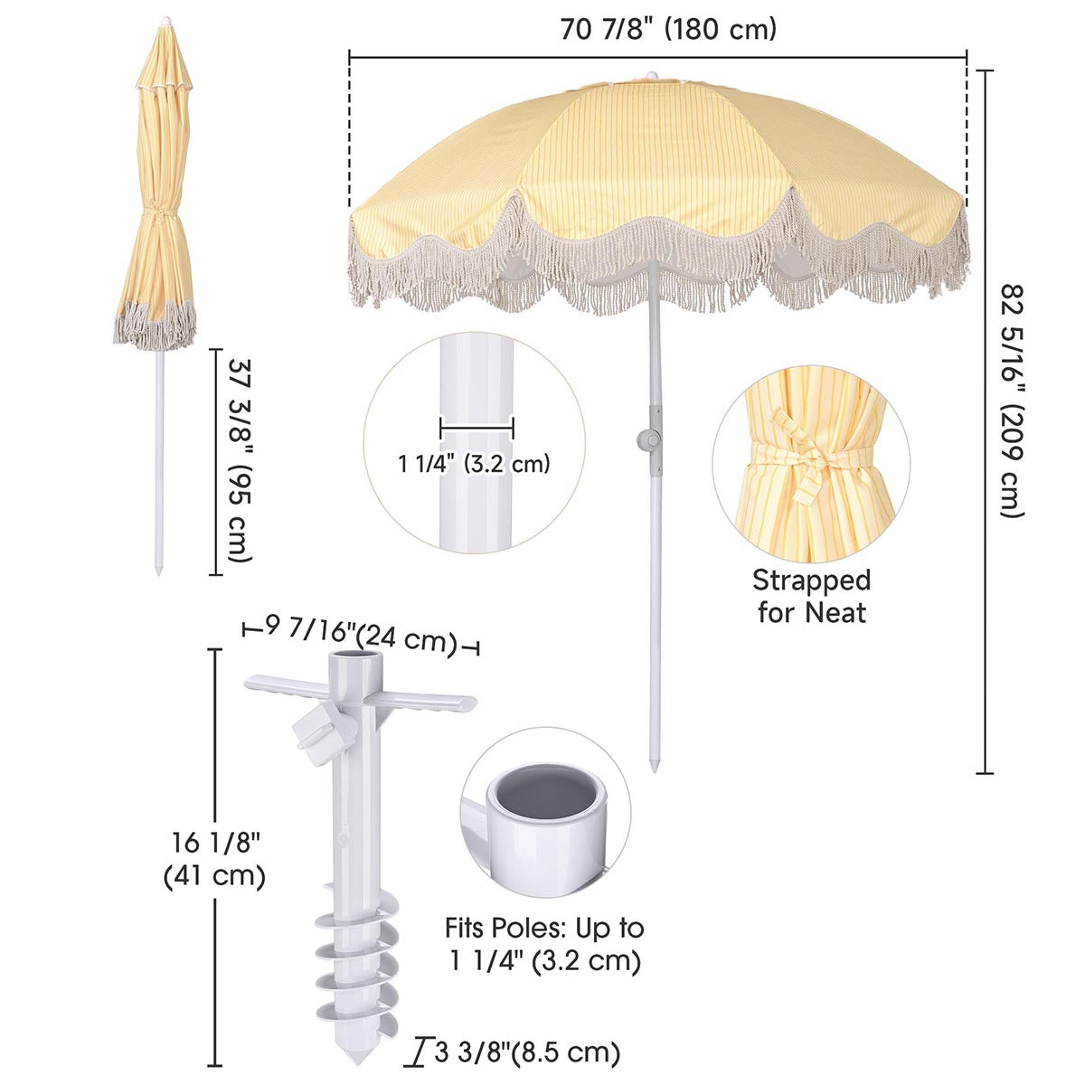 DIY 6 ft 8-Rib Fringe Beach Umbrella Tilt with Sand Auger Anchor