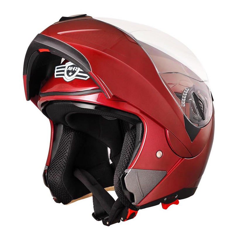 AHR Full Face Helmet with Dual Visors DOT Flip Up Red