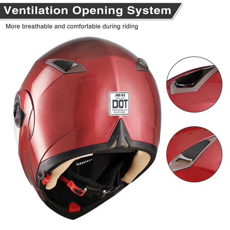 AHR Full Face Helmet with Dual Visors DOT Flip Up Red