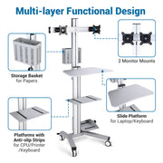 DIY Mobile Workstation Cart Computer Workstation 2-Monitor