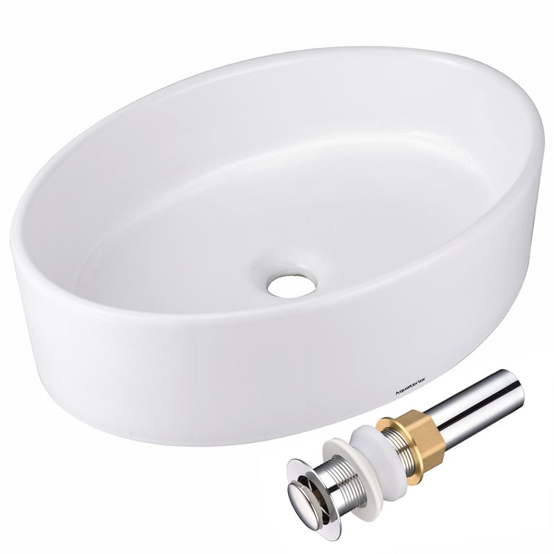 Aquaterior Oval Vessel Bathroom Porcelain Sink w/ Drain