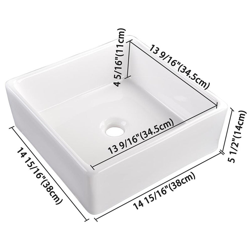 Aquaterior Square Bathroom Vessel Sink wth Drain & Tray 15"x15"