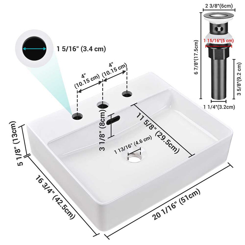 Aquaterior Rectangle Sink for 3 Hole Faucet with Overflow & Drain