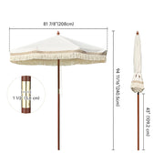 7 Foot Boho Wooden Patio Umbrella Beige & Twisted Fringe