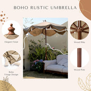 7 Foot Boho Wooden Patio Umbrella Khaki & Twisted Fringe