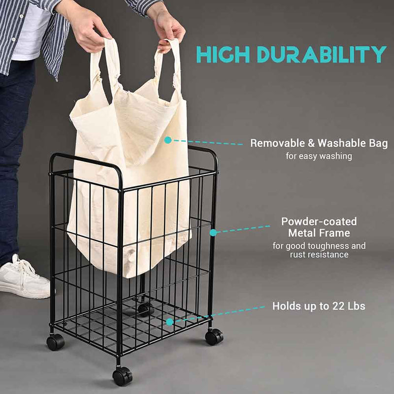 Rolling Laundry Hamper Metal Frame & Canvas Basket 16x12x24