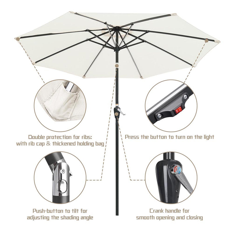 9 ft Lighted Patio Umbrella Solar Umbrella Tilt 8-Rib