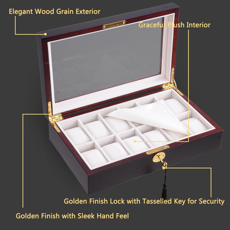 12-Slot Ebony Matte Finish Wood Watch Display Case