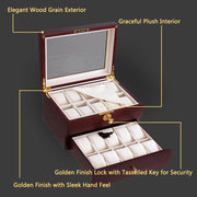 20-Slot Walnut Matte Finish Wood Watch Display Case