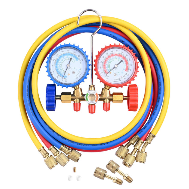 2 Valve R410a Refrigerant Manifold Gauge w/ 3 Hoses Side | The DIY Outlet