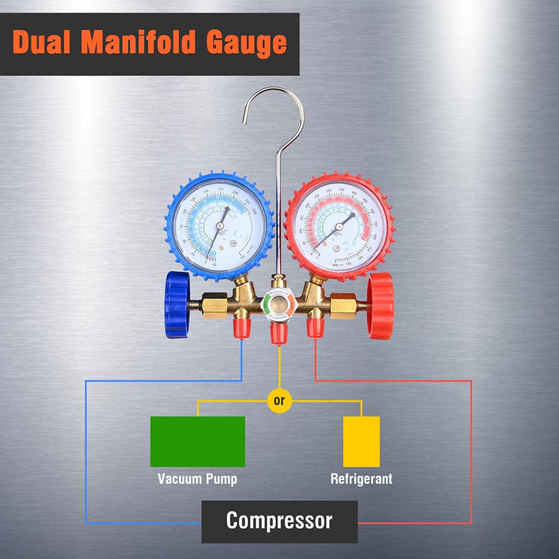 2 Valve R410a Refrigerant Manifold Gauge w/ 3 Hoses Side