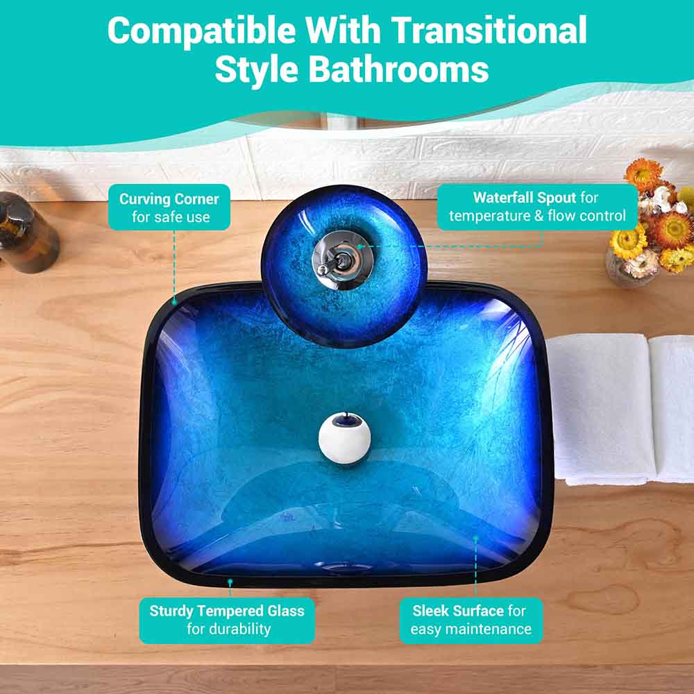 Dark Blue Tempered Glass Circular Vessel Sink Waterfall Faucet Set Pop-Up  Drain Included