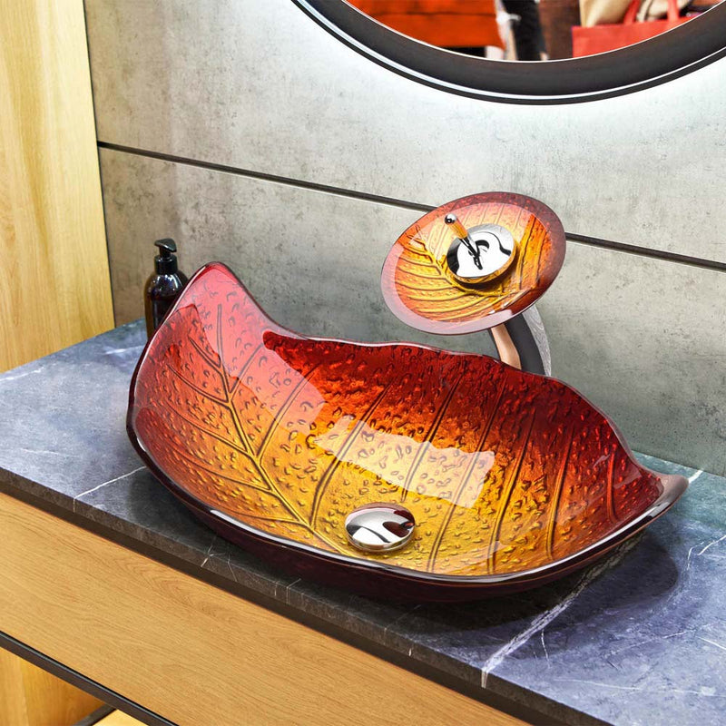 23x14 inch Glass Vessel Sink & Waterfall Faucet Leaf