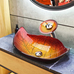 23x14 inch Glass Vessel Sink & Waterfall Faucet Leaf