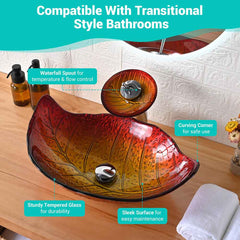23x14 inch Glass Vessel Sink & Waterfall Faucet Leaf