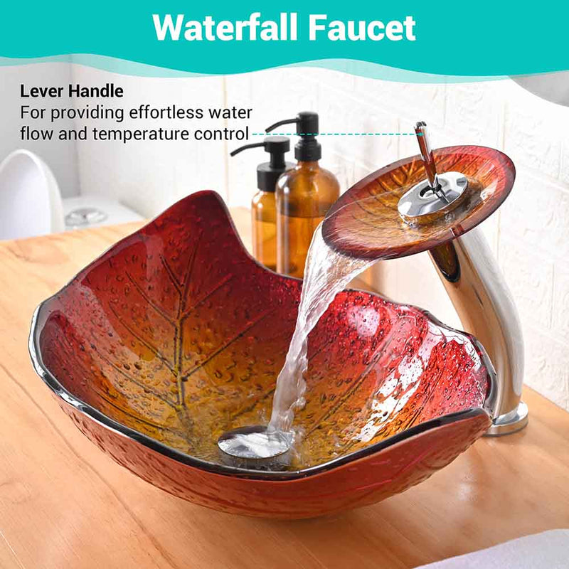 23x14 inch Glass Vessel Sink & Waterfall Faucet Leaf