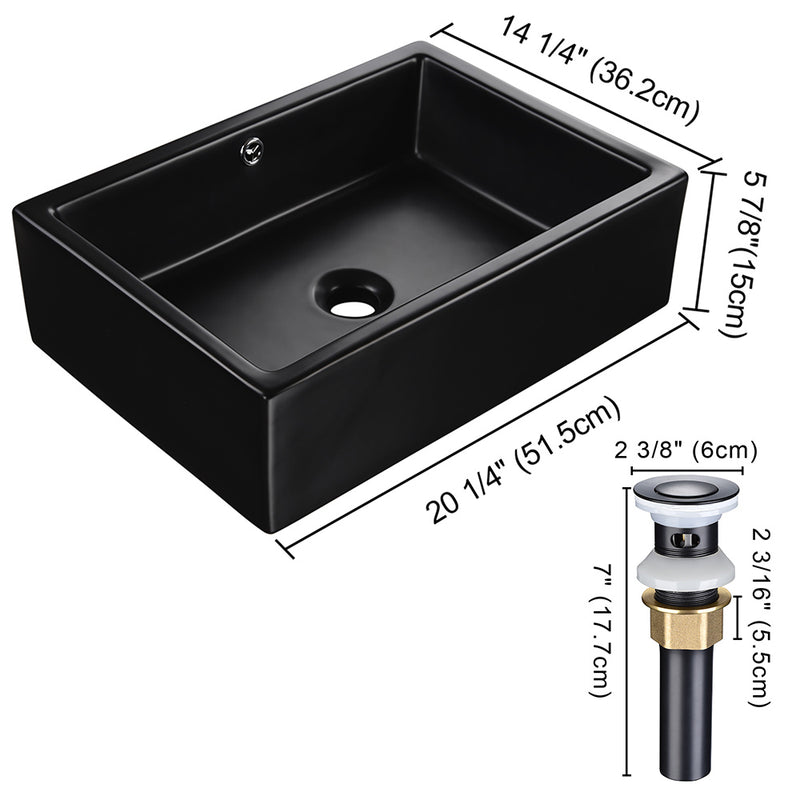 Aquaterior Rectangle Vessel Porcelain Sink Black w/ Overflow Drain