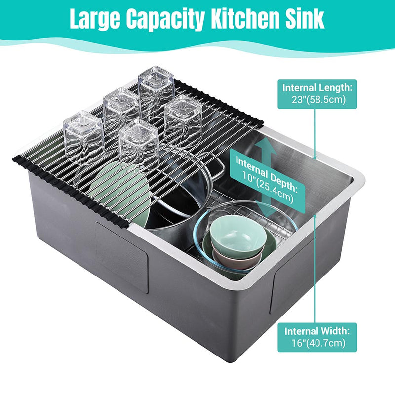 25" Undermount Single Stainless Kitchen Sink with Drain Basin Rack