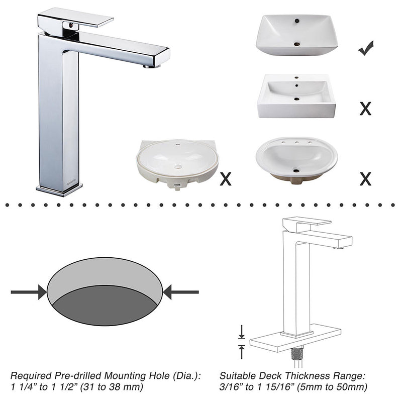 Aquaterior Vessel Sink Faucet Single-Hole 10.4"H Square